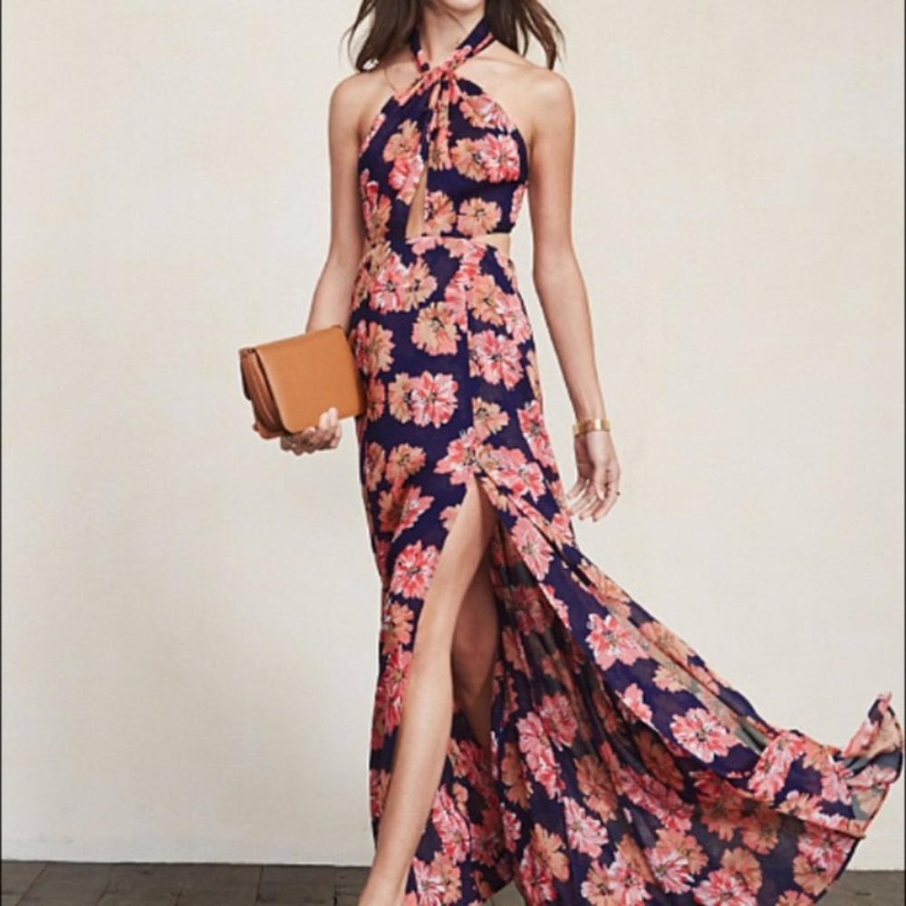 Reformation Sutherland Maxi slit halter dress